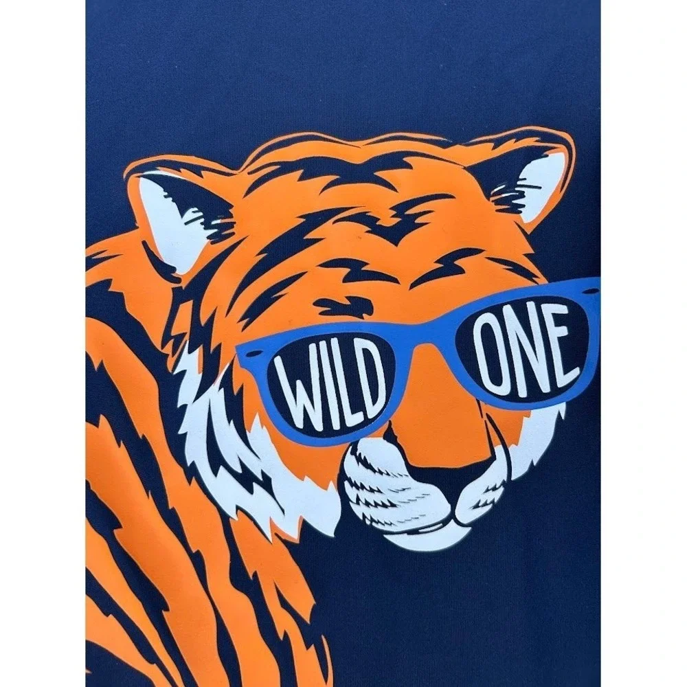 Wonder Nation Boys Navy Blue Tiger‎ Wild One Long Sleeve Rash Guard XL 14-16